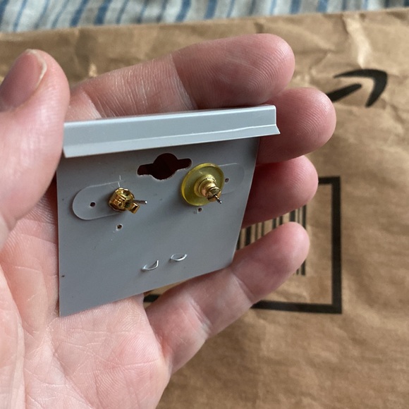 Balloon style earrings gold color with red stones and clear stones. - Picture 2 of 4